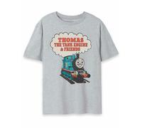 Thomas The Tank Engine Men's Vintage T-Shirt | Grey Retro Cartoon Design Tee | Classic 'Thomas The Tank Engine & Friends' Logo | Nostalgic Apparel for Grown-Up Fans | Gift Merchandise