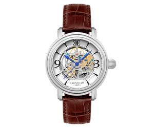 Thomas Earnshaw Longcase Grande Skeleton Men's Automatic Watch 48mm Open Heart Dial Genuine Leather Strap ES-8011, White/Brown, Strap