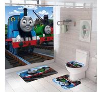 Thomas & Friends The Train Bathroom 4 Pieces Set Shower Curtain, Toilet Lid Cover and Bath Mat, Non-Slip Rugs, Durable and Waterproof, for Bathroom Decor Set, 72" x 72"