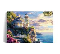 Thomas Kinkade Inspired Landscape Wall Art Classic American Countrystyle Framed Canvas Painting Artwork for Home Bedroom Office Decor Ready to Hang (Seaside Garden Villa, 30x24, Wrapped Canvas)