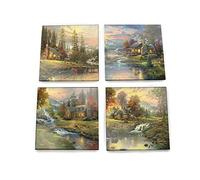 Thomas Kinkade - Mountain Scenes - Mountain Cabin Sunset- Set of Four 4” x 4” Glass Coasters - Comes with Stylish Modern Wooden Coaster - for Gifting and Collecting