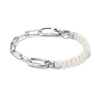 Silver Charm Bracelet with Paperclip Chain & Freshwater Pearls - Recycled 925 Sterling Silver with Connect Link, 17.00 cm, Recycled 925 silver, cultured freshwater pearl