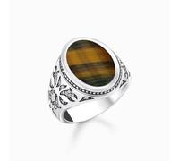 Thomas Sabo Sterling Silver Sterling Silver Gold Blue Tiger's Eye Zirconia Blackened Signet - Size 60