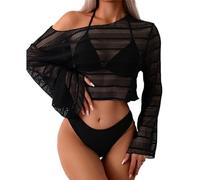 Thong Bikinis Set for Women 3 Pieces Split Swimsuit High Cut Bathing Suit with Long Sleeves Crop Top Three Pieces Split Swimwear for Women High Cut Bathing Suit Long Sleeve Swimsuit