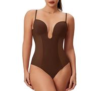 Thong Shapewear for Women Tummy Control Low Back U Plunge Backless Body Shaper Bra Faja with Open Crotch Bodysuit, Coffee, XX-Large