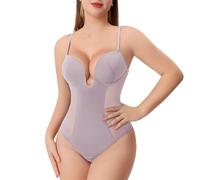 Thong Shapewear for Women Tummy Control Low Back U Plunge Backless Body Shaper Bra Faja with Open Crotch Bodysuit, Pink, Large