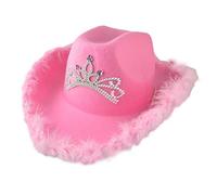 Thonlai Pink Cowboy Hat, Felt Cowboy Hat with Neck Draw String, Feather Trim, Sequins Tiara Crown, Cosplay Dress Party Costume Accessories Play Dress Up for Women (Pink Crown)