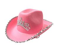 Thonlai Pink Cowboy Hat, Felt Cowboy Hat with Neck Draw String, Feather Trim, Sequins Tiara Crown, Cosplay Dress Party Costume Accessories Play Dress Up for Women (Pink silver side)
