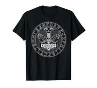 Thor Hammer Mjolnir in Circle of Norse Runes Fenrir Wolf T-Shirt
