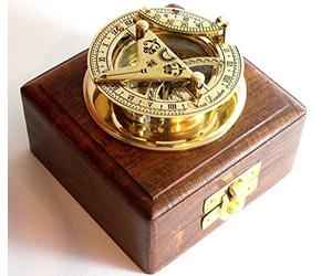 THOR INSTRUMENTS Brass Sundial Compass -Solid Brass Pocket Sundial - West London with Wooden Box Rustic Vintage Home Decor Gifts