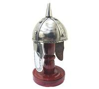 THOR INSTRUMENTS Medieval Knight Collectible Handcrafted Viking-style Mini Norman Helmet in Polished Steel On Wooden Stand Rustic Vintage Home Decor Gifts