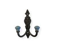 Thorness CAST Iron French Style Double Ornate Hooks | Duck Egg Blue Ceramic Ball Tops | Cloakroom Hook | Decorative Double Hook, hat and Coat Hook | 15cm x 11cm.