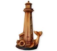 Thorness Handcrafted Wood-Effect Lighthouse: 22cm Height, Intricate Carving, Adorned with Whale Tail Design