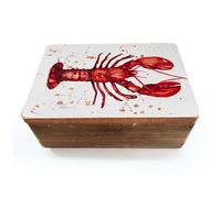 Thorness Lobster Storage Box with Watercolour Art and Hinged Lid - 15cm x 10cm x 6cm, Coastal Home Decor