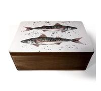 Thorness Mackerel Storage Box with Watercolour Art and Hinged Lid - 15cm x 10cm x 6cm, Coastal Home Decor