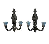 Thorness Set of 2 CAST Iron French Style Double Ornate Hooks | Duck Egg Blue Ceramic Ball Tops | Cloakroom Hook | Decorative Double Hook, hat and Coat Hook | 15cm x 11cm.