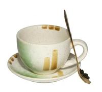 Thornwhisper Handmade-Style Ceramic Coffee Cup and Saucer Set, 200ml Reactive Glaze Cappuccino Mug with Flower Spoon, Rustic Speckled Stoneware Tea Cup, Modern Vintage Housewarming Gift, Sage Green