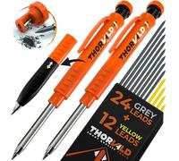 THORVALD 2 Carpenter Pencils Set for Construction - Incl. 38 Leads + Sharpener + Finger Grip - Solid Mechanical Pencils with Fine Point/Best Marking tools Construction/Carpenters/Scriber