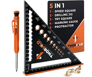 THORVALD 5 in 1 Speed Square 180 mm + Carpenter's Pencil - Multipurpose: Marking Gauge/ Protractor / Drilling Jig / Try Square - Aluminium - Time-Saving Tool