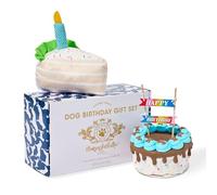 Thoughtfully Pets Dog Birthday Cake and Plush Toy Set, Mini Cookie Cake Treat with Birthday Banner Decoration, Puppy Party Celebration Gift, Hand Decorated Hollow Biscuit Treat for Dogs
