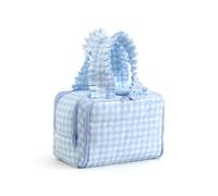 THOVSMOON Travel Toiletry Bag for Women,Water-resistant Large Gingham Makeup Cosmetic Organizer with Ruffles Handle for Traveling, Toiletries, Cosmetic, Essentials Accessories(Blue Gingham)