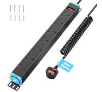 THOWALL 7 Way Surge Protected Extension Lead, 19 inch Rack Mount Power Strip with 360° Swivel Brackets for Home Office Garage, Metal Casing