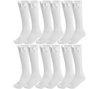 Thread Linens 6 Pairs Knee High Bow Socks Frilly Cotton Rich Fluffy Ribbons Bows Long Socks Stockings Girls Bow Knee High Sock (UK, Age, 2 Years, 4 Years, Regular, White pack of 6)