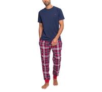 Threadbare 'Everest' Mens Short Sleeve Top & Check Print Bottoms PJ Pajama Lounge Set, Navy & Red Check Print, M