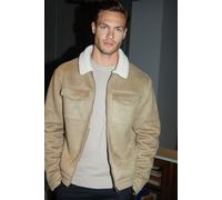 Threadbare Men's 'Olpherts' Faux Suede Borg Lined Aviator Jacket in Stone | Size: 2XL Threadbare Stone 2XL