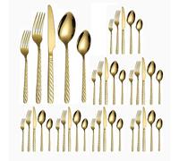 Threaded Flower Handle Handle Kitchen Stainless Steel Silverware Tableware Flatware Cutlery Knives Forks Spoons Set,Mirror Polishing Gift Set (5-Piece Set for 8 People,Gold)