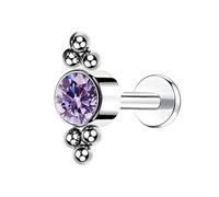 Threaded Nose Studs Titanium, 1pcs 16GTragus Cartilage Nose Piercing Jewellery Studs with Round Purple Cubic Zirconia and Balls, Silver Purple