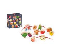 Janod - Threading Beads - Vegetable Garden Theme - Early-Learning Toy - 11 Wooden Beads + 2 Cords for Kids - Develops Dexterity - FSC Wood Toy - 24 Months +, J03313