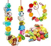 Threading Toys for 2 Year Olds,Wooden Lacing Beads,Fine Motor Skills Toys Toddlers Animals Fruits Vegetables String Lacing Beads,Montessori Educational for 2 Year Olds (A)