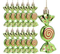 Threan 12 Pcs Christmas Candy Ornaments for Tree Decoration Hanging Glitter Candy Cane Christmas Peppermint Ornament with Golden Rope for Xmas Holiday Decoration(Green with Red,Plastic)
