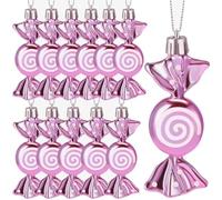 Threan 12 Pcs Christmas Candy Ornaments for Tree Decoration Hanging Glitter Candy Cane Christmas Peppermint Ornament with Golden Rope for Xmas Holiday Decoration(Pink,Plastic)