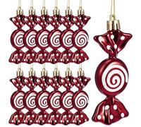 Threan 12 Pcs Christmas Candy Ornaments for Tree Decoration Hanging Glitter Candy Cane Christmas Peppermint Ornament with Golden Rope for Xmas Holiday Decoration(Burgundy,Plastic)