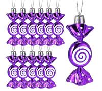 Threan 12 Pcs Christmas Candy Ornaments Hanging Glitter Candy Cane Decoration xmas Tree Peppermint Ornament with Golden Rope for Xmas Halloween Decoration(Purple,Plastic)