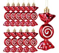Threan 12 Pcs Christmas Candy Ornaments Hanging Glitter Candy Cane Decoration xmas Tree Peppermint Ornament with Golden Rope for Xmas Halloween Decoration(Red,Plastic)