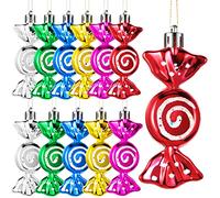Threan 12 Pcs Christmas Candy Ornaments Hanging Glitter Candy Cane Decoration xmas Tree Peppermint Ornament with Golden Rope for Xmas Halloween Decoration(Mix Colors,Plastic)