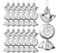 Threan 12 Pcs Christmas Candy Ornaments Hanging Glitter Candy Cane Decoration xmas Tree Peppermint Ornament with Golden Rope for Xmas Halloween Decoration(Silver,Plastic)
