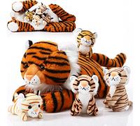 Threan 5 Pcs Tiger Stuffed Animals Plush Toy Set 16 Inch Stuffed Mommy Tiger with 4 Baby Cubs in Zippered Belly Cuddly Plushies for Kids Boys Girls Christmas Forest Birthday Gifts Party Favor(Cute)