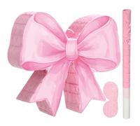 Threan Bow Piñata Bow Party Piñata with Bat Stick Blindfold Mask Conquette Birthday Centerpieces Decorations for Bridal Shower Wedding Anniversary Engagement Supplies(Pink)