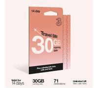 Three 14 Day Travel Sim, Unlimited Voice with 30GB Data Roaming