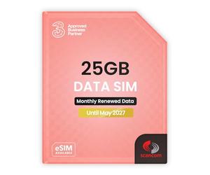 Three 25GB Data SIM Card - for Portable WiFi, Routers & Phones - Preloaded Monthly Until May 2027 - Dual Network (Three & Vodafone) Stronger Coverage