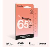 Three 30 Day Travel Sim, Unlimited Voice with 65GB Data Roaming