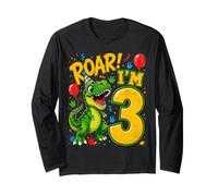 Three 3yr 3rd Birthday Roar Dinosaur 3 Year Old Birthday Boy Long Sleeve T-Shirt