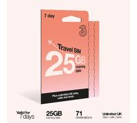 Three 7 Day Travel Sim, Unlimited Voice with 25GB Data Roaming