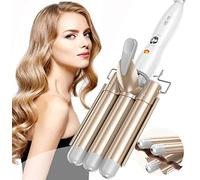 Three Barrel Hair Waver 25MM Big Wave Hair Curling Iron Wand with Two Speed Temperature Control, Ceramic Tourmaline Triple Barrels, Dual Voltage Crimp, Gold