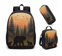 Three Bears Silhouette 17 Inch Backpack Rucksack 3 Piece Set Sunset Forest Print School Bag for Kids Student Teens (01)