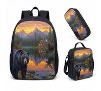 Three Bears Silhouette 17 Inch Backpack Rucksack 3 Piece Set Sunset Forest Print School Bag for Kids Student Teens (02)